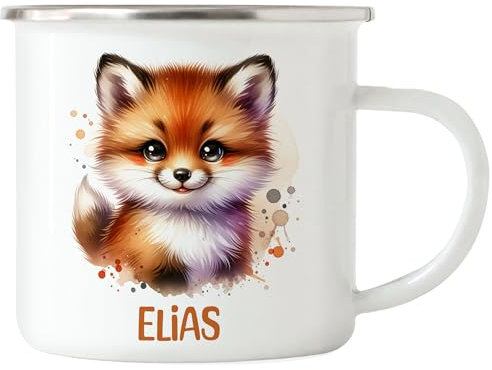 Kiddle-Design Kindertasse mit Namen Personalisiert, Personalisierte Tasse Kinder mit Fuchs, Namenstasse Fuchstasse, Kinderbecher als Geschenk zur Taufe, Geburt Weihnachten - Emaille Tasse