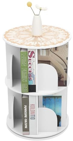 Drehbares Bücherregal, 2 Ebenen 8 Fächer, 360° Geräuschlose Rotation, 40×59.5 cm Bücherregale mit Tischdecke, Standregal, Büroregal, Drehregal für Schlafzimmern, Wohnzimmern, Kinderzimmern, Weiß
