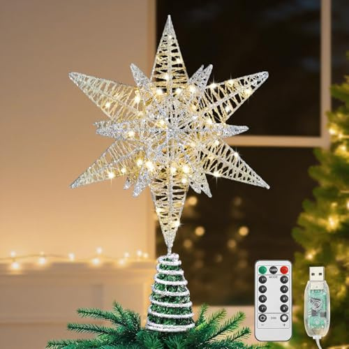 Lewondr Estrella para Copa del Árbol, 28CM Adorno para Árbol de Navidad con 8 Modos de Luces por USB con Mando a Distancia & Temporizador, Decoración Navideña del Hogar, Luz Cálida, Plata Blanco