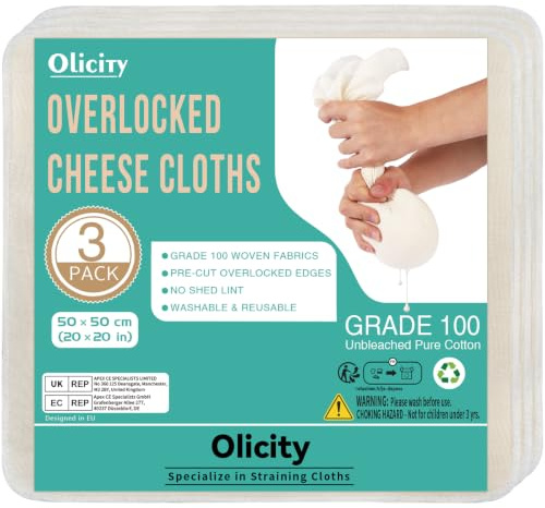 Olicity Cheese Cloths for Straining 50x50cm - 3Pack - Overlocked - Reusable