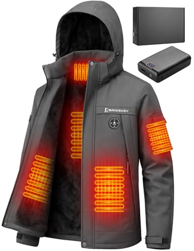 Brimekey Beheizte Jacke Herren mit Fleecefutter, Heizjacke Herren mit 20000mAh 7.4V Akku, 6 Heizzonen & 3 Temperaturstufen, Wasserdichte Winddichte Winterjacke, Heizjacke Herren für Skifahren, Camping