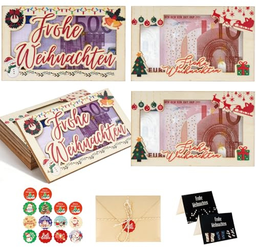 Holz Geldgeschenk Weihnachten-4 Stück Geldgeschenke Verpackung Weihnachten-Adventskalender zum Befüllen mit Weihnachtskarte Umschlag Sticker Band-Verpackung für Geldgeschenke