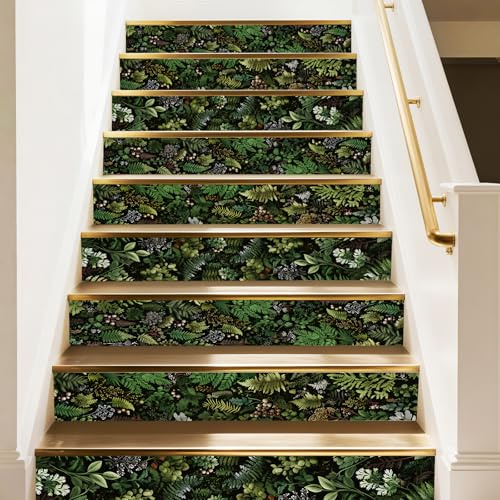 PLIGREAT 15 Strips Herbal Stair Stickers Decals, Fern Mushroom Peel and Stick Stair Riser Stickers 18x100cm Self-Adhesive Vinyl Plants Staircase Murals Sticker Decor for Home Hotel