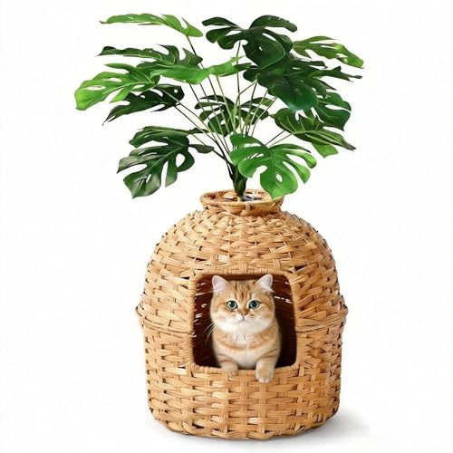 Klippehop Katzentoilette Versteckte Katzenklo Blumentopf mit Pflanze & Schaufel, Handgeflochtenes Rattan Katzentoilette mit Geruchskontrolle & Kohlefilter (Natur, Quadratische Tür)