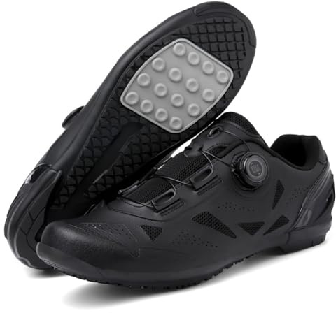 Herren und Damen Performance Radschuhe Atmungsaktiv Doppel-BOA Flat, MTB und Road Lock Optionen Steife Sohle Effizient Für Lange Fahrten,Black Flat,41 EU