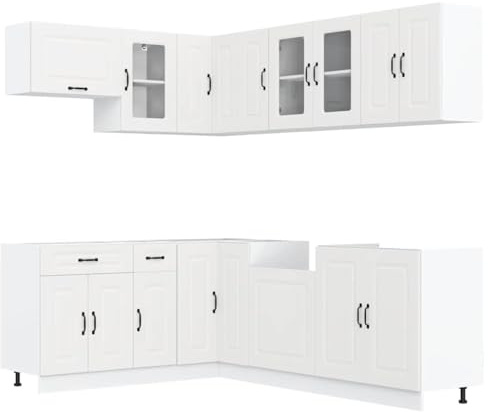 HFXHIJXQ 11-TLG. Küchenschrank-Set Kalmar Weiß, Holzwerkstoff mit Glasfront, 80 x 46 x 81,5 cm, Modernes Design, Robustheit & Langlebigkeit für Esszimmer Küche Mini-Küche