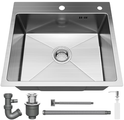 Lavello da cucina con 1 vassoio 50 x 45 cm STANEW, lavello da incasso, fori per rubinetti e dispenser di sapone, argento