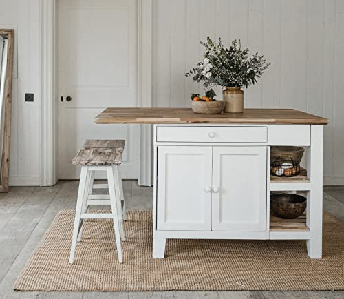Florence Kitchen Island With Cupboard 2 Drawers and Shelves | Large White Breakfast Bar Island W150cm, H91cm, D90cm with Chopping Board & Wooden Drawer Utensils Organiser