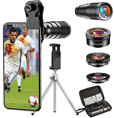 Apexel Cell Phone Camera Lens-22X téléobjectif+25X Macro Lens+120 ° Wide Angle Lens + 205 ° Fisheye 4 in 1 Phone Lens Kit avec trépieds pour iphone 11 Pro Huawei P30 Samsung