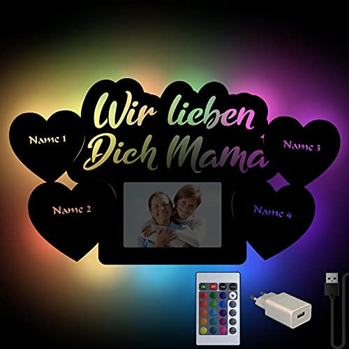 RGB Farbwechsel Mama Geschenkidee Bilderrahmen zum Geburtstag für die Mutter personalisiert mit Namen Gravur für 10 x 15 cm Fotos mit Fernbedienung