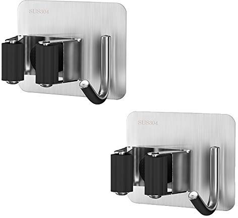 2 Pack Stainless Steel Mop Broom Holder Wall Mounted - Self Adhesive Organizer Rack with Utility Hooks for Kitchen, Laundry, Garage - Black