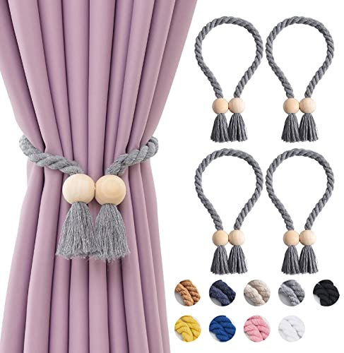 Pretty Jolly Ball magnetische Vorhang-Raffhalter aus Holz, Boho-Dekoration, Raffhalter, natürliche Baumwolle, handgewebt, für Fenstervorhänge für Zuhause und Büro, Grau, 4 Stück