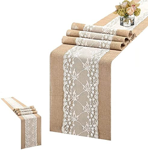 Jute Tischläufer Tischdecke Mit Weiß Spitze, Vintage Tischdeko Tischband Aus Natürliches Sackleinen, Rustic Burlap Juteband Tischdekoration Für Hochzeit Events Gartenparty (30*275cm)