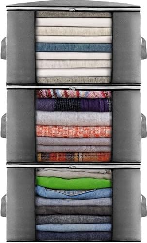 Clothes Storage Bag 3Pack 90L Large Capacity Solution Organizer for Clothes, Duvets, Comforters, Blankets, Bedding with Zip and Clear Window Reinforced Handle Thick and Breathable Fabric
