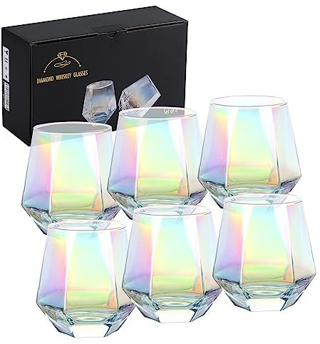 DIEWEISIMI Weingläser 6er Set (11oz), Weinglas ohne Stiel für Rot- und Weißwein, schillernde diamantförmige Glaswaren für Whiskey, Cocktail, bestes Geschenk Jahrestag, Einweihungsfeier, Geburtstag