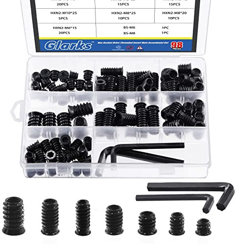 Glarks 97 tuercas roscadas M6 M8 M10 de acero al carbono chapado en zinc, tuerca hexagonal para muebles con brida con llave hexagonal M6 para tornillos de muebles de madera