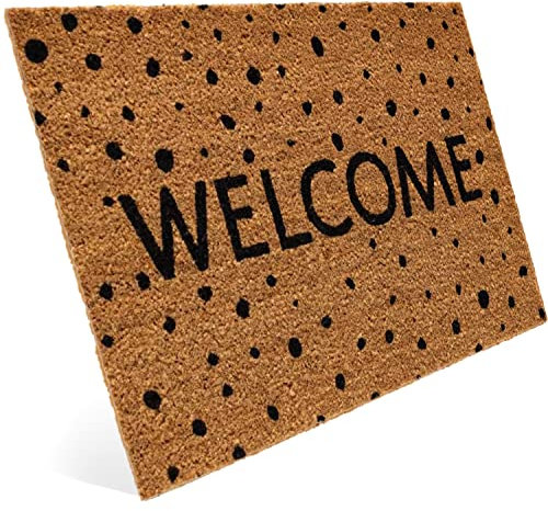 Entrando Welcome Kokos Fußmatte mit Punkte für die Haustür - für innen und aussen, robust, wetterfest, rutschfest - auch als Türdeko, Einweihungsgeschenk - 40x60 cm