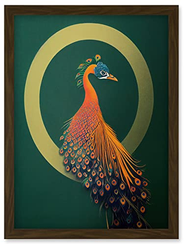 Wee Blue Coo Glamorous Stylish Chic Modern Peacock Illustration Green Gold Orange Artwork Framed Wall Art Print A4