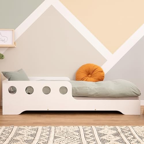 smartwood TILA 6C Kinderbett 70x140 | Montessori Bodenbett mit Lattenrost & Rausfallschutz | Für Jungen & Mädchen | Weiß | Sicheres und Robustes Holzbett für Kinder ab 3 Jahren