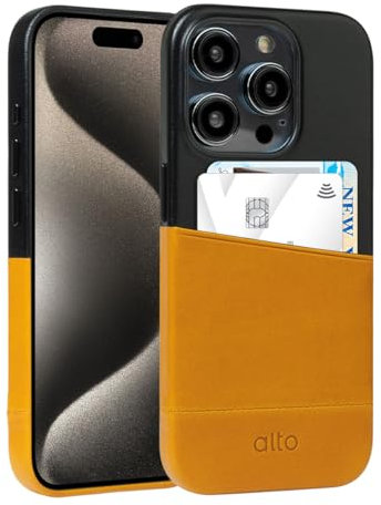 alto Leder Kartenhülle Kompatibel mit iPhone 15 Pro, Metro Serie Italienische Leder Wallet Case Kartenhalter Cover (6,1 Zoll, Karamellbraun und Schwarz)