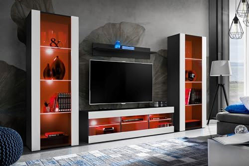 Komodee Wohnwand Wohnzimmerset Tivoli Grande,Weiß/Schwarz, Breite 250cm x Höhe 159cm x Tiefe 35cm, LED RGB, für Wohnzimmer, Schlafzimmer