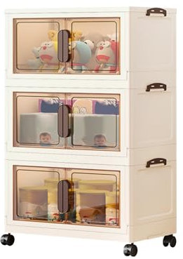 Ergocar Klappbox Mit Deckel, magnetische Doppelöffnungstür Große Kapazität Schließfach ， transparente Stapelplastik -Aufbewahrungsboxen mit Riemenscheibe, Schlafzimmer, Wohnzimmer, Büro und Küche