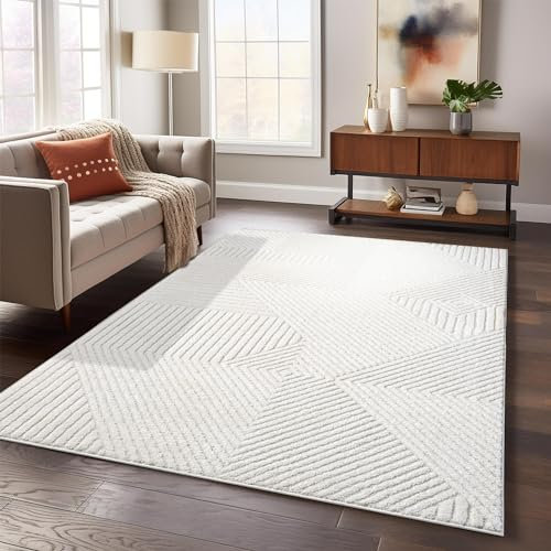 payé Teppich Wohnzimmer - 140x200cm Creme-Grau Hochtief Struktur Flachflor - Raute Muster Boho Wohnteppich