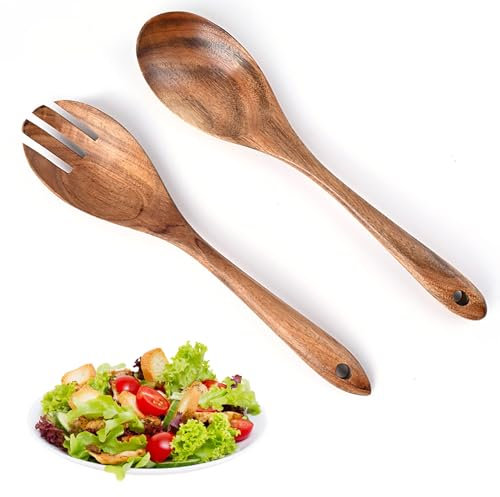2PCS Salad Spoon and Fork Set, Salad Wood Serving for Mixing Fruit Pasta Dish, Cutlery Wooden Servers for Large Salad Bowl