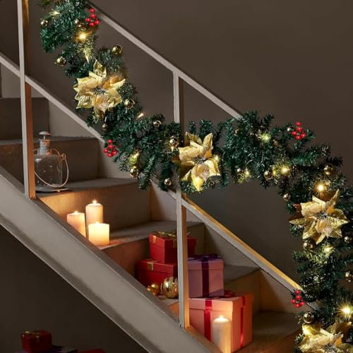 XUBX Guirnalda de Navidad Decoraciones, 2.7M Guirnaldas con Luces, Bayas Rojas Flores de Oro Guirnaldas, para Chimenea Escaleras Pared Puerta Árbol de Navidad Jardín Patio Decoración Navideña