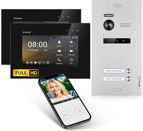 Balter EVO-HD Video Türsprechanlage, Video Türklingel mit Kamera, 2 Familienhaus Klingel, 2X 7 Zoll HD Monitor, Full HD-Kamera, 2 Draht Bus, Gegensprechanlage mit 175° Weitwinkel