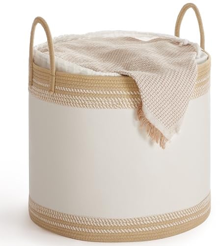 SONGMICS Cesto para Ropa Sucia, Cesta Ropa Sucia 90 L, Cesto Almacenaje con Tapa, Cuerda de Algodón, con Asa, Cordón, para Ropa, Mantas, Salón, Dormitorio, 50 x 50 x 46 cm, Marrón Camello RLH090K01