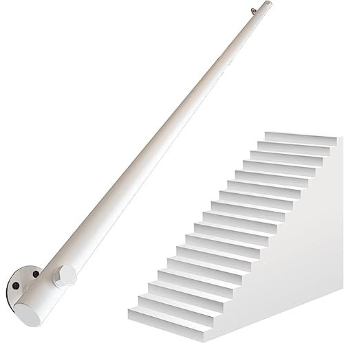 Ringhiera in legno bianco con staffe in metallo, 230 cm, rotonda, antiscivolo, da parete, corrimano per scale