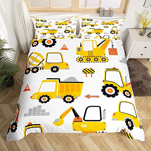 richhome Cartoon Cars Bettbezug, 140 x 200 cm, Konstruktion für Kinder, Bettwäsche, Set, Jungen, Ausrüstung, Auto, atmungsaktiv, Gelb, Bagger, Traktor