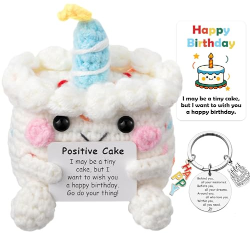 Gâteau d'anniversaire au Crochet Positive, Porte Clef Gâteau, Poupée en Laine à Tricoter avec Carte, Cadeau D'encouragement, Cadeau Rigolo pour Une Amie Famille Couple, Idee Drole Decoration Maison