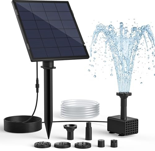 PONDIA Pompe Fontaine Solaire pour bac à Oiseaux, Pompe 2,5 W, câble 3 m, Piquet Ajustable, 5 Jets, Tuyau 1,2 m, Protection Marche à Sec