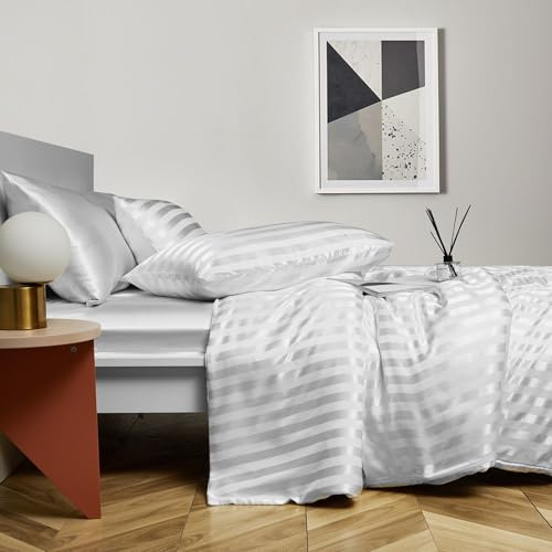 Boqingzhu Satin Bettwäsche Gestreift 135x200cm Creme Weiß Glatt Glänzend Seide Luxus Bettwäsche Set Bettbezug und Kissenbezug 80x80cm mit Reißverschluss
