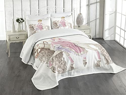 ABAKUHAUS Feminin Tagesdecke Set, Prinzessin auf weißem Pferd, Set mit Kissenbezügen Waschbar, für Doppelbetten 220 x 220 cm, Rosa
