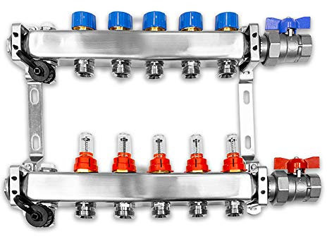 Verteiler für Fußbodenheizung, 5 Heizkreise, inkl. waagerechter Anschlussgarnitur Set