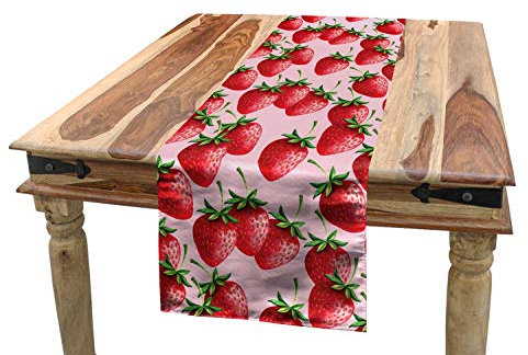 ABAKUHAUS rot Tischläufer, Saftige Erdbeeren Obst, Esszimmer Küche Rechteckiger Dekorativer Tischläufer, 40 x 300 cm, Rosa Grün