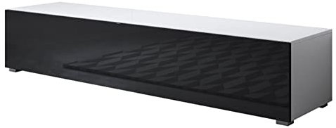 MB Muebles Bonitos, Meuble TV avec Pieds 2 cm Luke H2 pour Salon Moderne, Design Modulaire avec Porte Abattante, Mélamine Brillante, Blanc et Noir, 160x32x40 cm