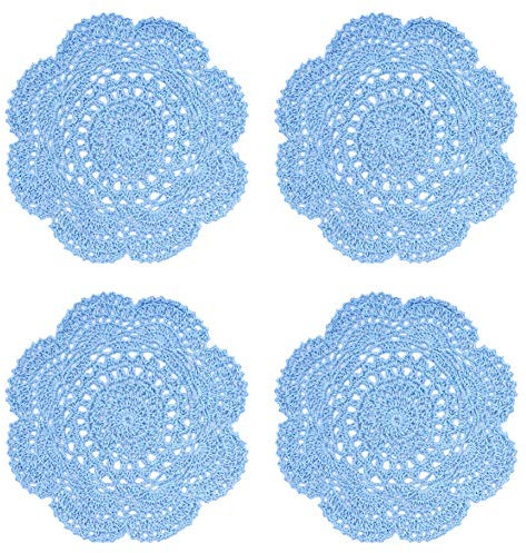 Phantomon 20,3 cm große Deckchen, gehäkelt, runde Spitzendeckchen, handgefertigt, 100 % Baumwolle, gehäkelte Untersetzer, 4 Stück (blau)