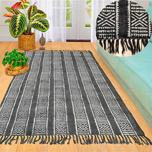 Mandala Life ART – 90 x 150 cm Schwarzer marokkanischer Teppich mit Fransen – Handbedruckt – Böhmischer Teppich aus Baumwolle – Dekoratives Akzentstück für Ihr Wohnzimmer, Schlafzimmer, Terrasse