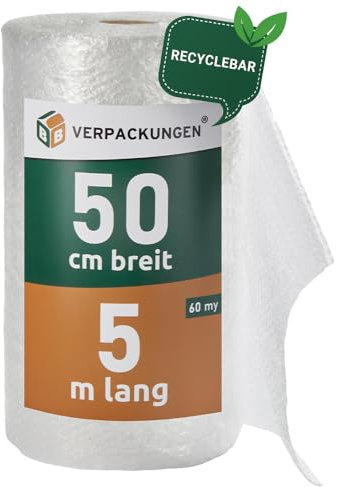 BB-Verpackungen 3x PROFI Luftpolsterfolie 0,5 x 5 m Versand, Verpackung, Umzug 2-lagig (3 Rollen) | 60 my stark, extrem robust, sehr leicht, 100% recycelbar