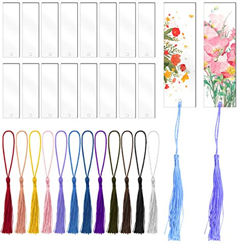 Tecmisse Leere Lesezeichen, 45 Stück, transparente Acryl-Lesezeichen mit 45 bunten Quasten, rechteckige Form, DIY-Lesezeichen, Ornamente für DIY-Projekte und Geschenkanhänger, 5 x 14 cm