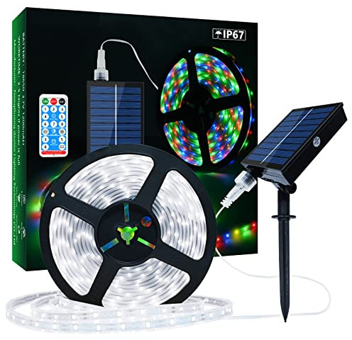 Ruban LED Solaire Extérieur, 5m 280 LEDs Bande LED IP67 Étanche, Lumières LED Blanc Froid avec Télécommande, 8 Modes d'Eclairage 2835 SMD Guirlande Lumineuse pour Arbres de Jardin Noël