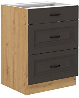 Küchen Unterschrank 60 cm Stilo Grau + Eiche Artisan Vollauszug Soft-Close Küche