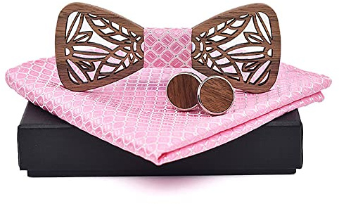 GIVBRO Boutons de manchette en bois creux avec nœud papillon et mouchoir vintage pour homme, fête de mariage