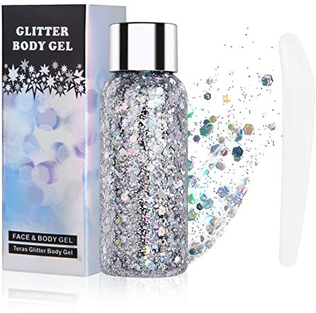 URAQT Body Glitter Gel, Chunky Glitter Gel, Chunky Body Lotion Glitzer Flüssiger Lidschatten, Meerjungfrau Pailletten Funkelnde für Gesicht Haare Lippen Nägel Make Up Kosmetik Festival (Silber)