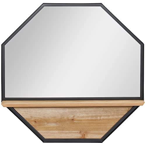 HOMCOM Specchio da Parete Ottagonale in Metallo con Mensola in Legno, Arredamento Moderno per la Casa, 61x61cm Nero