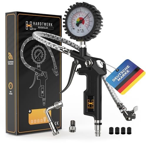 Hardtwerk® Reifenfüller Reifendruckprüfer Reifendruckmesser - Manometer-Messbereich: 0-12 bar - 304-Edelstahl Schlauch - Luftdruckprüfer für Auto, Motorrad, PKW, LKW Reifenfüll-Messgerät